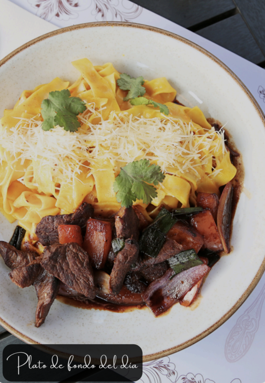 Hearty beef dish with pasta and vegetables